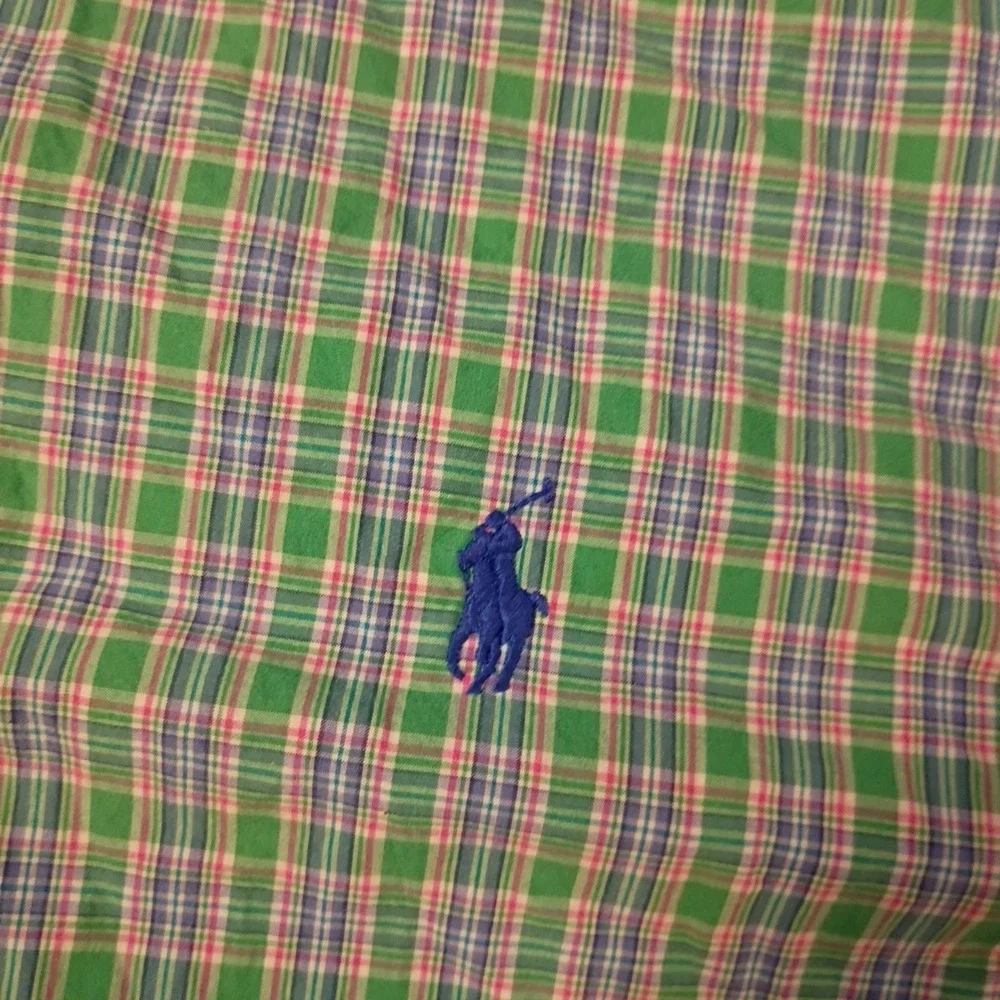 Polo Ralph Lauren Shirt Men Medium Green Pink Plaid Button Down Long Sleeve Pony